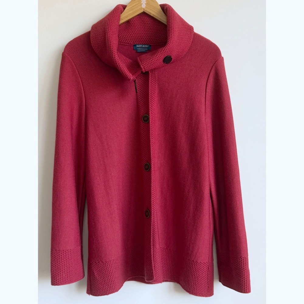 Saint James Womens Pure Wool Knit Jacket Funnel Collar Cardigan Made France